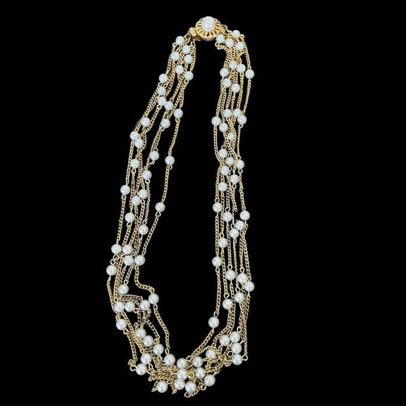 Vintage Unsigned Celebrity NY Multi Strand Station Faux Pearl Necklace Box Clasp - Picture 4 of 8